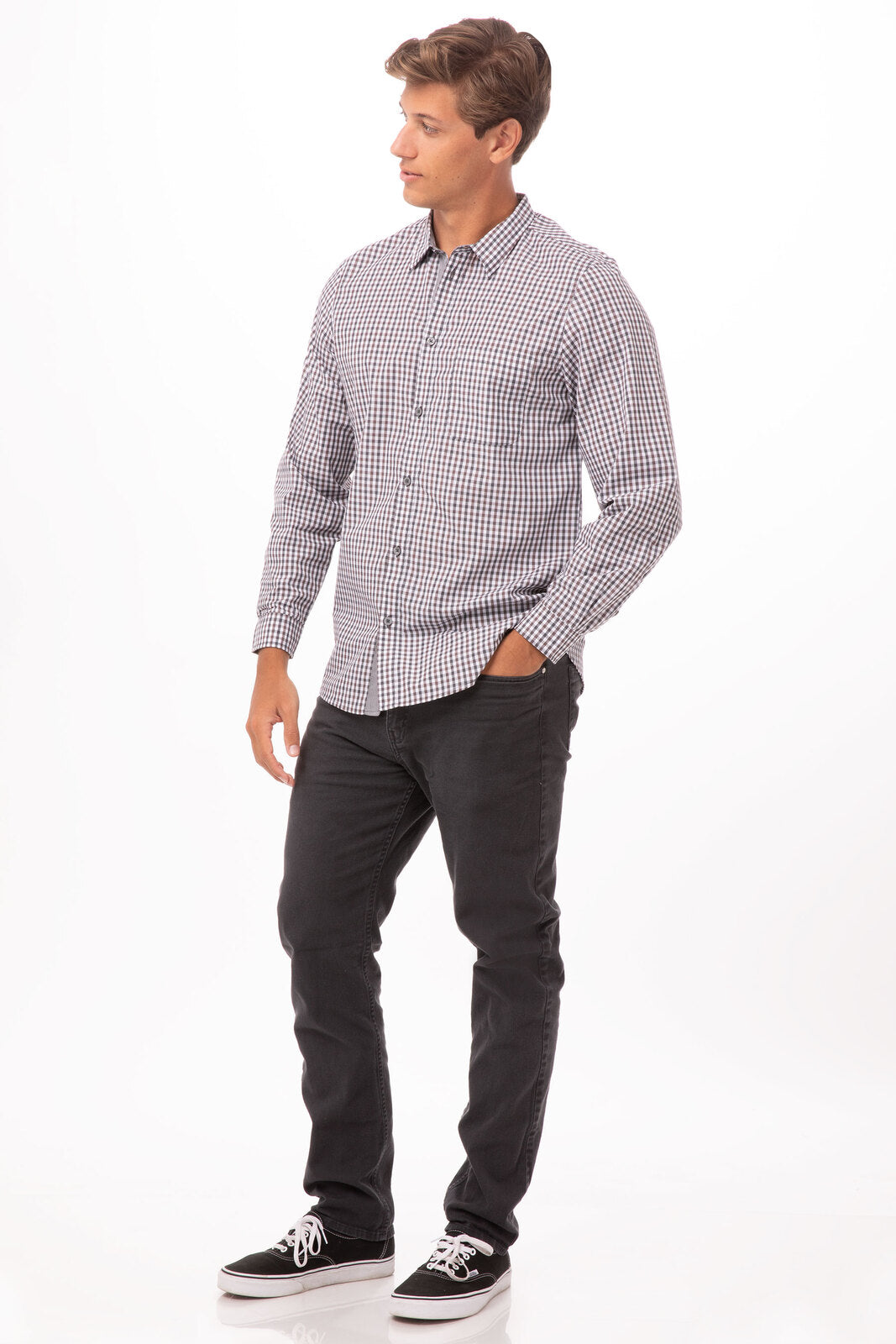 Modern Gingham Men's Long Sleeve Dress Shirt Chef Works