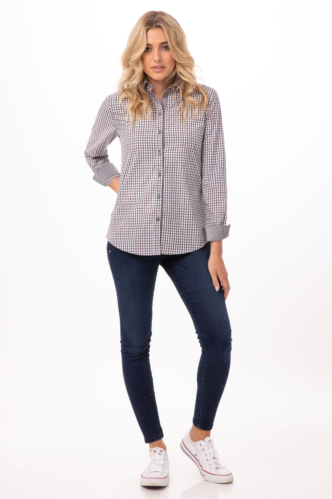 Modern Gingham Women's Long Sleeve Dress Shirt Chef Works