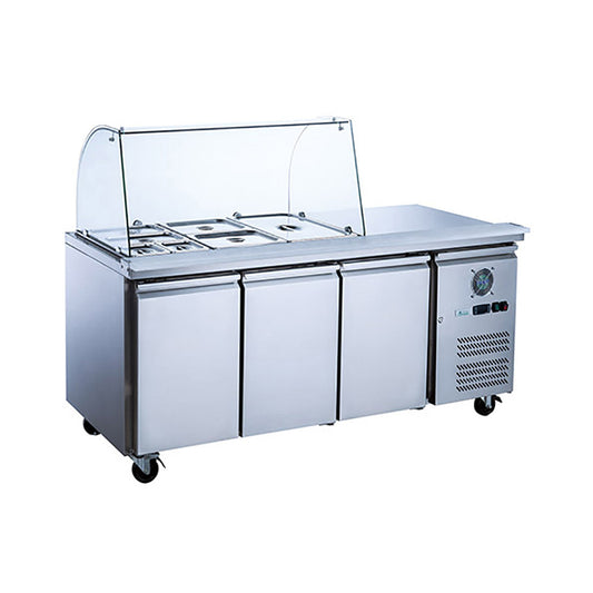 Three Door Salad Prep Fridge with Curve Glass Top - XTHP3100SALGC