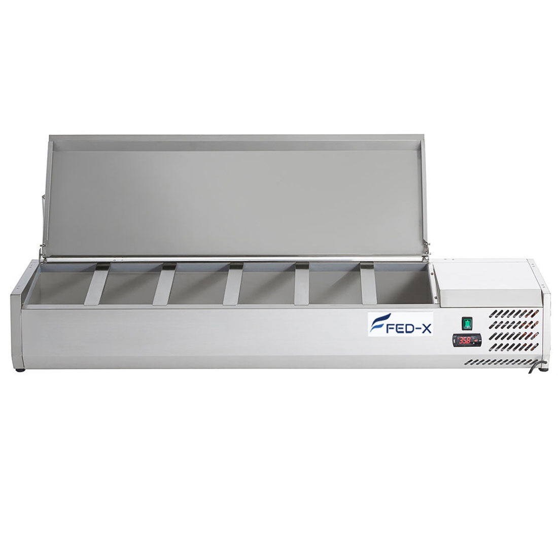 FED-X Salad Bench with Stainless Steel Lids – Commercial Salad Prep Refrigeration Unit